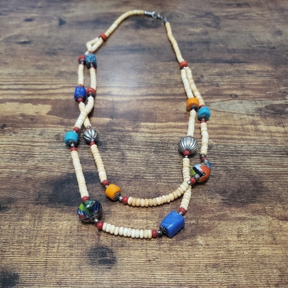 boho bead and rock multi color layered necklace